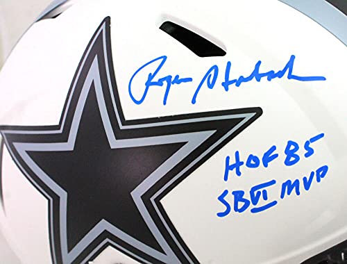 Roger Staubach Autographed Cowboys Lunar Speed F/S Helmet w 2 Insc- BeckettBlue - 757 Sports Collectibles