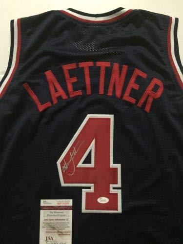 Autographed/Signed Christian Laettner Team USA Olympics Blue Basketball Jersey JSA COA