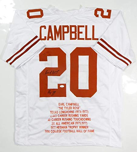 Earl Campbell Autographed White College Stat-2 Jersey W/HT- JSA Witnessed Auth