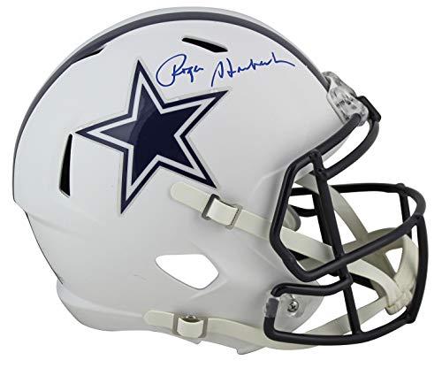 Cowboys Roger Staubach Signed Flat White Full Size Speed Rep Helmet BAS Witness - 757 Sports Collectibles