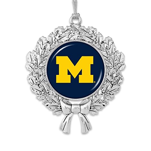 Michigan Wolverines Wreath with Team Logo Silver Metal Christmas Ornament Gift Tree Decoration UM - 757 Sports Collectibles