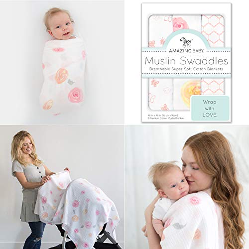 Amazing Baby Cotton Muslin Swaddle Blankets, Watercolor Roses, Pink, Pack of 3 - 757 Sports Collectibles