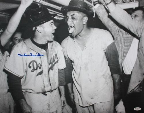 Duke Snider Autographed LA Dodgers 16x20 BW Beer In Locker Photo- JSA Auth