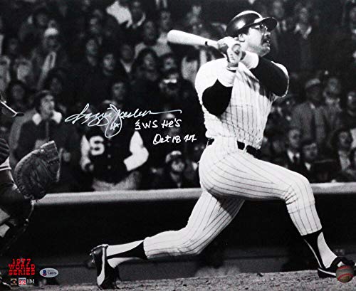 Reggie Jackson Autographed Yankees 16x20 HM BW Photo w/ 3 WS HRs and 10/18/77- Beckett White - 757 Sports Collectibles