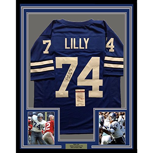 Framed Autographed/Signed Bob Lilly"HOF 80" 33x42 Dallas Cowboys Retro Blue Football Jersey JSA COA