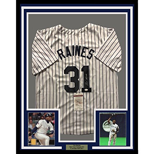 Framed Autographed/Signed Tim Raines 33x42 New York Pinstripe Baseball Jersey JSA COA