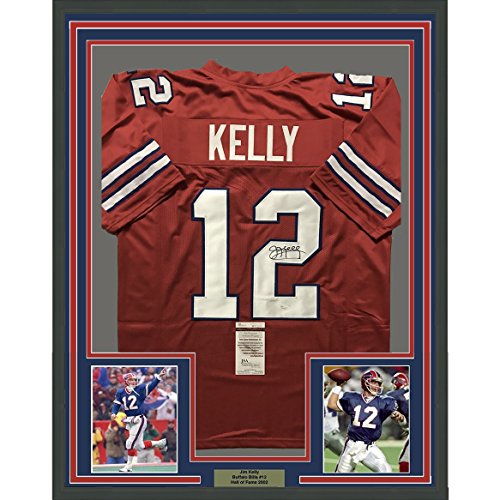 Framed Autographed/Signed Jim Kelly 33x42 Buffalo Bills Red Football Jersey JSA COA