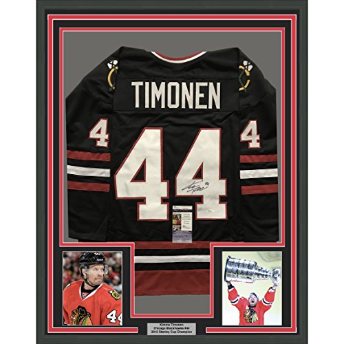 Framed Autographed/Signed Kimmo Timonen 33x42 Chicago Black Hockey Jersey JSA COA