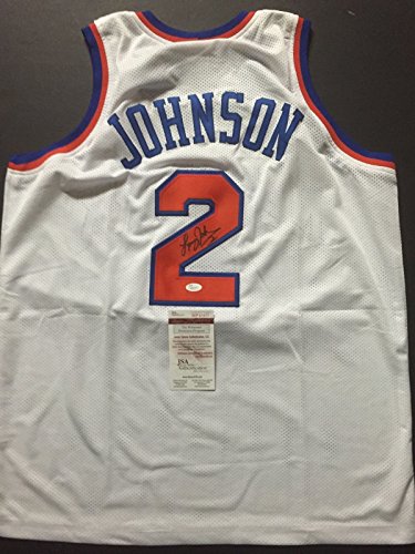 Autographed/Signed Larry Johnson New York White Basketball Jersey JSA COA - 757 Sports Collectibles