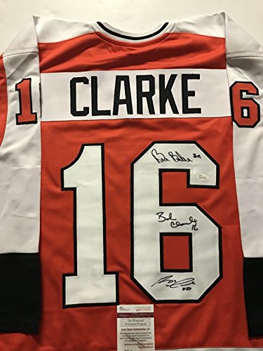 Autographed/Signed Reggie Leach, Bobby Clarke & Bill Barber Philadelphia Orange Hockey Jersey JSA COA