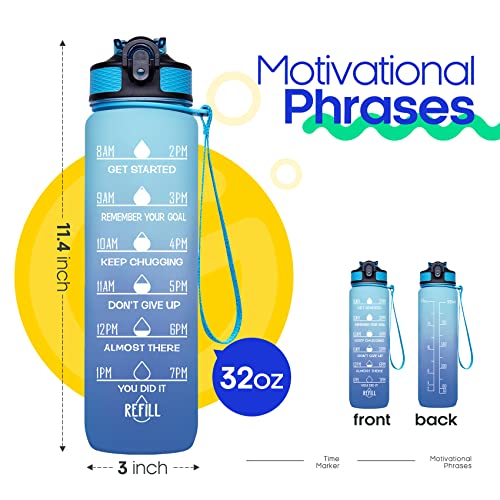 Giotto 32oz Large Leakproof BPA Free Drinking Water Bottle with Time Marker & Straw to Ensure You Drink Enough Water Throughout The Day for Fitness and Outdoor Enthusiasts-Ombre Navy Green - 757 Sports Collectibles