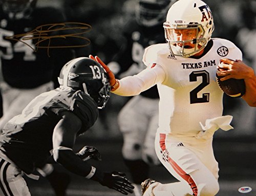 Johnny Manziel Autographed 16x20 B/W Color Stiff Arm Gold Photo- PSA/DNA Auth