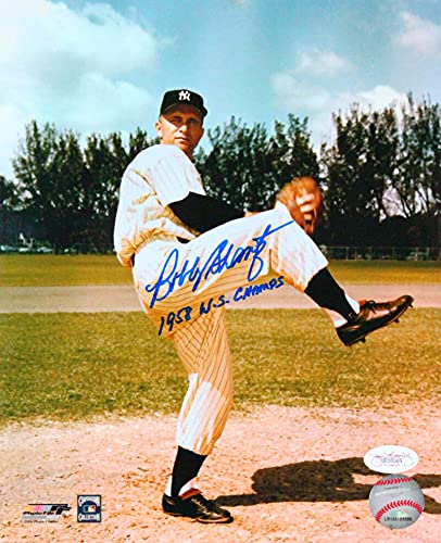 Bobby Shantz Autographed New York Yankees 8x10 Pitching Photo w/ 1958- JSA Blue - 757 Sports Collectibles