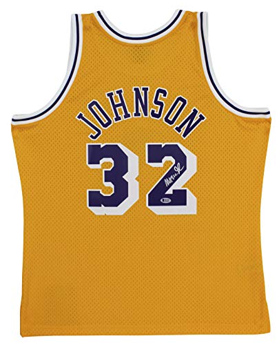 Lakers Magic Johnson Signed 1984-85 M&N HWC Swingman Yellow Jersey BAS Wit - 757 Sports Collectibles