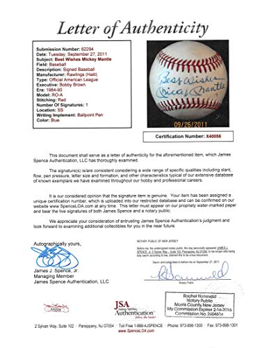 Yankees Mickey Mantle"Best Wishes" Authentic Signed Oal Baseball JSA #X40056 - 757 Sports Collectibles