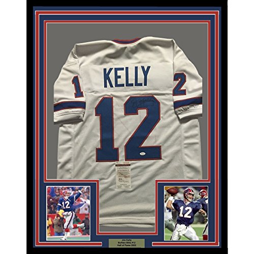 Framed Autographed/Signed Jim Kelly 33x42 Buffalo Bills White Football Jersey JSA COA