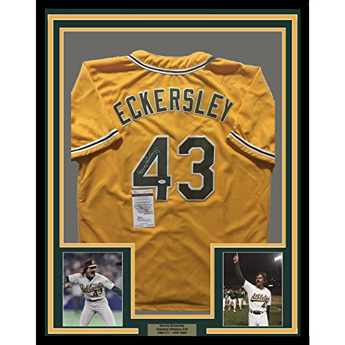 Framed Autographed/Signed Dennis Eckersley 33x42 Oakland Yellow Baseball Jersey JSA COA