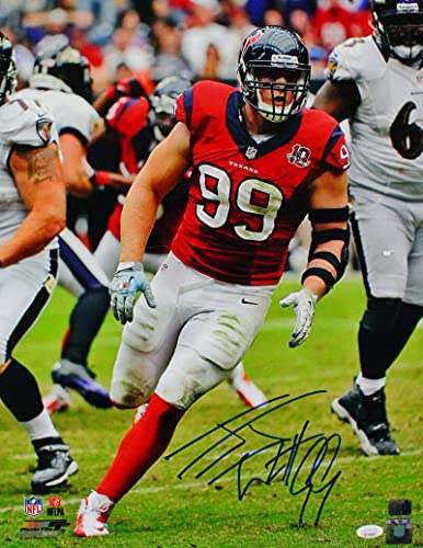 JJ Watt Autographed Houston Texans 16x20 Red Jersey Photo- JSA W/Holo Blue - 757 Sports Collectibles