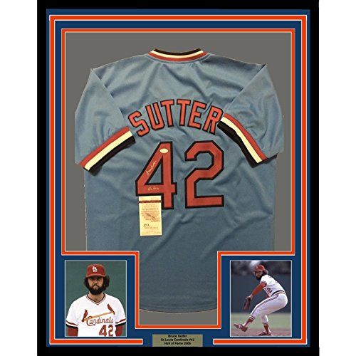 Framed Autographed/Signed Bruce Sutter"HOF 06" 33x42 St. Louis Blue Baseball Jersey JSA COA