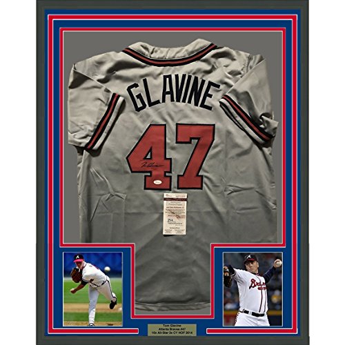 Framed Autographed/Signed Tom Glavine 33x42 Atlanta Grey Baseball Jersey JSA COA