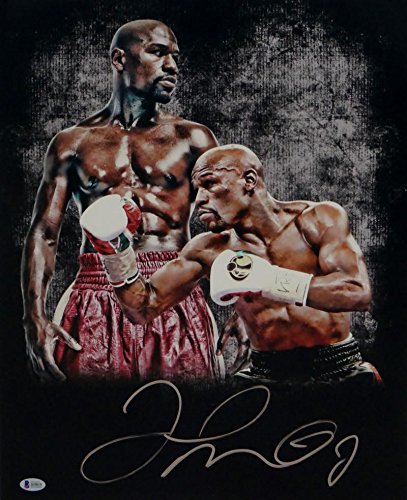 Floyd Mayweather Signed 16x20 Double Image Red Shorts Photo- Beckett Auth