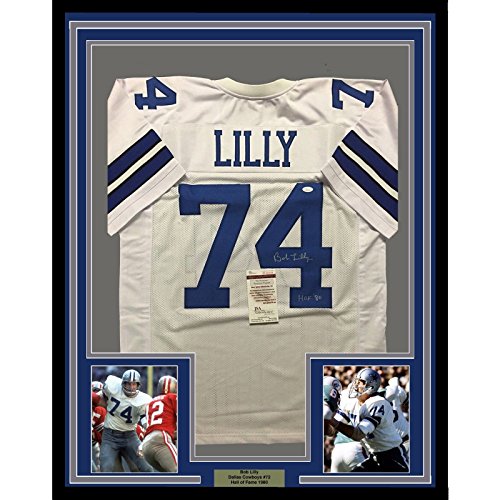 Framed Autographed/Signed Bob Lilly"HOF 80" 33x42 Dallas Cowboys White Football Jersey JSA COA
