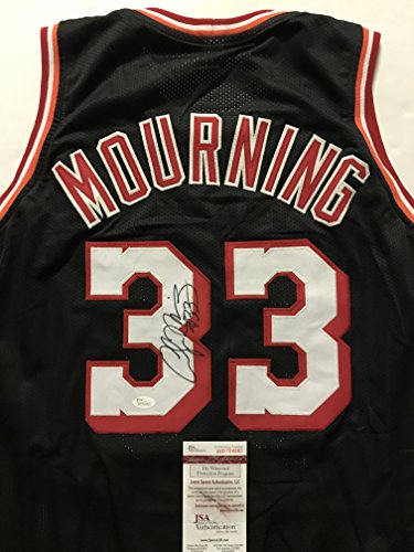 Autographed/Signed Alonzo Mourning Miami Black Basketball Jersey JSA COA