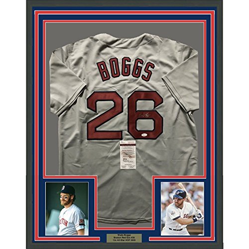 Framed Autographed/Signed Wade Boggs 33x42 Boston Grey Baseball Jersey JSA COA