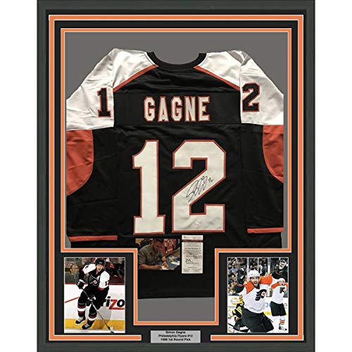 Framed Autographed/Signed Simon Gagne 33x42 Philadelphia Black Hockey Jersey JSA COA