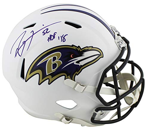 Ravens Ray Lewis"HOF 18" Signed Flat White F/S Speed Rep Helmet BAS Witnessed - 757 Sports Collectibles