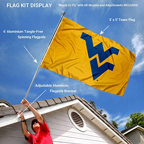 West Virginia Mountaineers Gold Flag with Pole and Bracket Complete Set - 757 Sports Collectibles