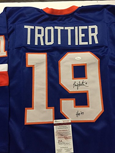 Autographed/Signed Bryan Trottier"HOF 97" New York Blue Hockey Jersey JSA COA