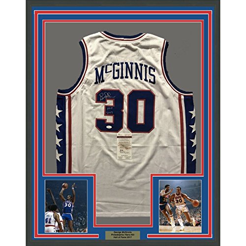 Framed Autographed/Signed George McGinnis"HOF 2017" 33x42 Philadelphia White Basketball Jersey JSA COA