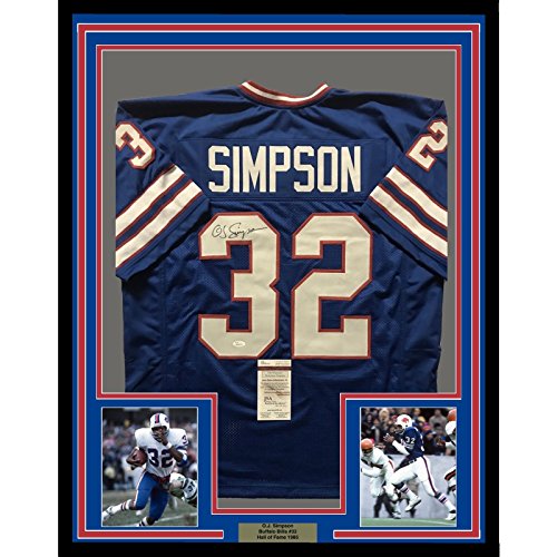 Framed Autographed/Signed OJ O.J. Simpson 33x42 Buffalo Bills Blue Football Jersey JSA COA
