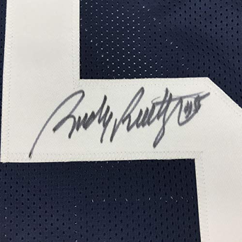 Autographed/Signed Rudy Ruettiger Notre Dame Blue Stat College Football Jersey JSA COA - 757 Sports Collectibles