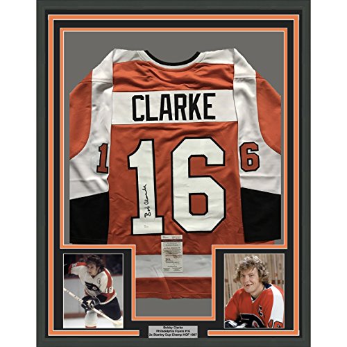 Framed Autographed/Signed Bob Bobby Clarke 33x42 Philadelphia Orange Hockey Jersey JSA COA