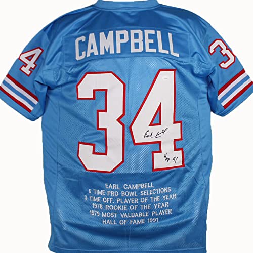 Earl Campbell Autographed Blue Pro Style Stat 4 Jersey With HOF- JSA W Black - 757 Sports Collectibles