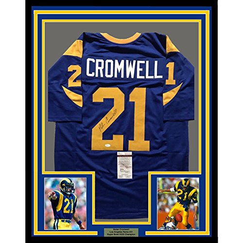 Framed Autographed/Signed Nolan Cromwell 33x42 Los Angeles LA Rams Blue Football Jersey JSA COA