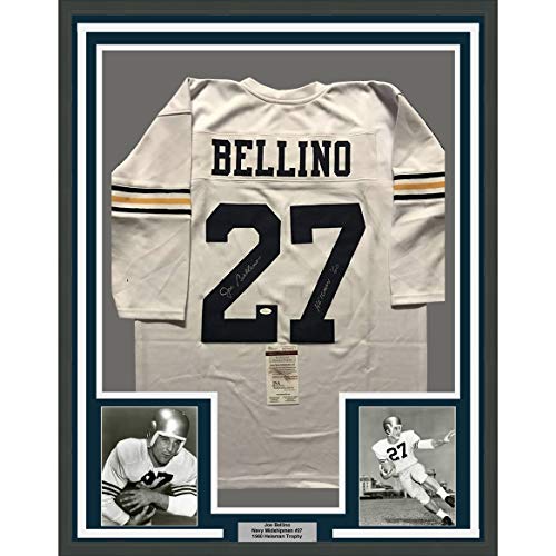 Framed Autographed/Signed Joe Bellino 33x42 Navy Midshipmen White College Football Jersey JSA COA