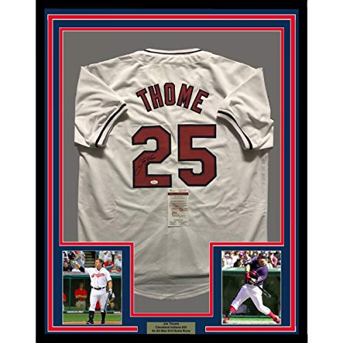 Framed Autographed/Signed Jim Thome 33x42 Cleveland White Baseball Jersey JSA COA