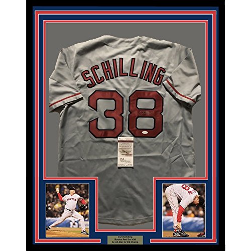 Framed Autographed/Signed Curt Schilling 33x42 Boston Grey Baseball Jersey JSA COA