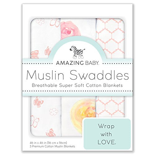 Amazing Baby Cotton Muslin Swaddle Blankets, Watercolor Roses, Pink, Pack of 3 - 757 Sports Collectibles