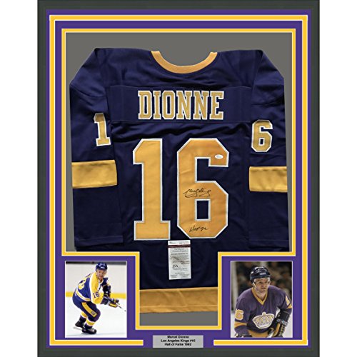 Framed Autographed/Signed Marcel Dionne"HOF 92" 33x42 Los Angeles LA Purple Hockey Jersey JSA COA