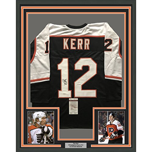 Framed Autographed/Signed Tim Kerr 33x42 Philadelphia Black Hockey Jersey JSA COA