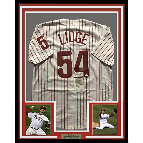 Framed Autographed/Signed Brad Lidge 33x42 Philadelphia Pinstripe Baseball Jersey JSA COA