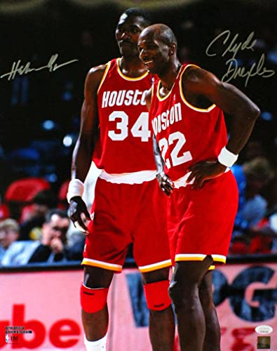 Drexler/Olajuwon Houston Rockets Autographed 16x20 Red JSY Photo- JSA W Silver - 757 Sports Collectibles