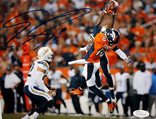 Emmanuel Sanders Autographed Broncos 8x10 Leap for Ball Photo- JSA Witness Auth