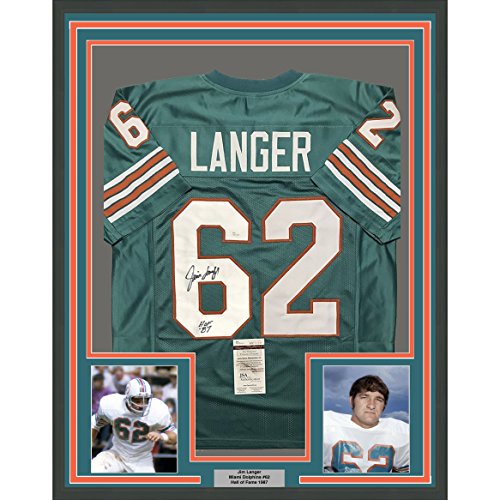 Framed Autographed/Signed Jim Langer"HOF 87" 33x42 Miami Dolphins Teal Football Jersey JSA COA