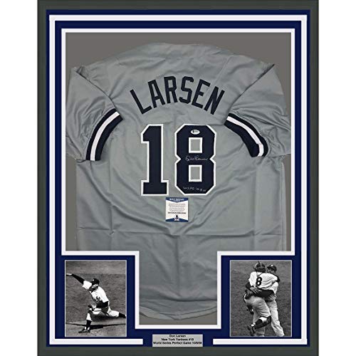 Framed Autographed/Signed Don Larsen Inscribed 33x42 New York Grey Baseball Jersey Beckett BAS COA