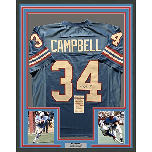 Framed Autographed/Signed Earl Campbell 33x42 Houston Oilers Blue Football Jersey JSA COA